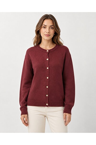 AlvaLuna Women's Gold Buttoned Crew Neck Ribbed Knit Cardigan