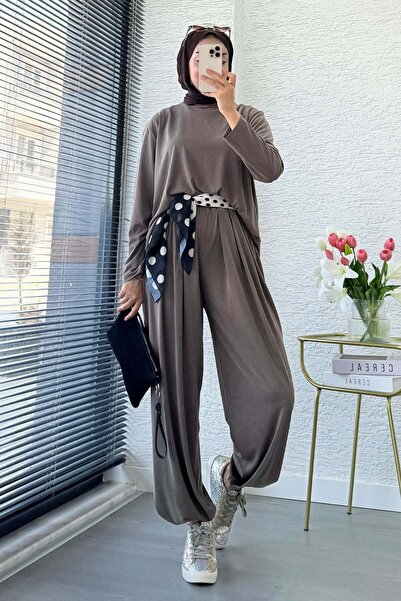MELEK ARAZ Premium Şalvar Kesim Double Face Pantolon Takım - Vizon