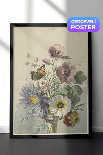 Zestia Pictură murală botanică vintage cu ramă neagră, buchet de flori în acu...