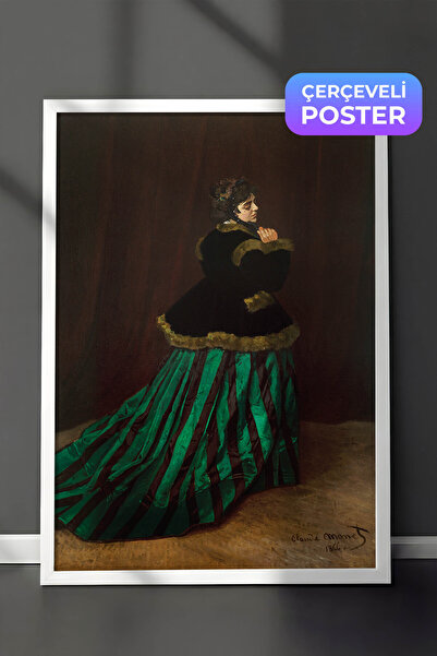 Zestia Pictură murală Claude Monet în ramă albă, Femeie în rochie verde, Port...