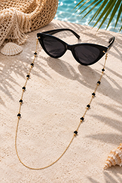 Sylvera Shop Sparkling Black Crystal Beaded Eyeglass Chain (Gold Color)