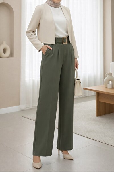 HİJABAYA Buckle Belted, Folded Waist, Wide Leg Modal Crepe Trousers - Khaki