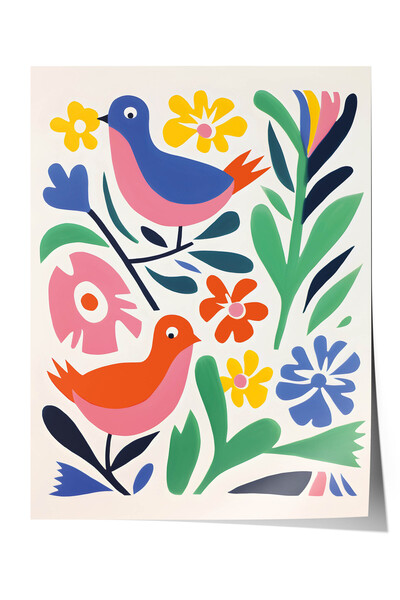 Zestia Naif Sanat Premium Poster, Colorful Birds and Wildflowers Pattern, No:...
