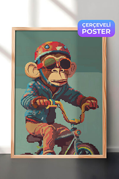 Zestia Pictură murală Pixel Art cu ramă din lemn, Maimuță ciclistă cu cască, ...