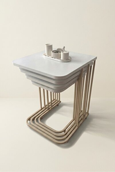 YY STORE 4LÜ TEKERLEKLİ ZİGON SEHPA CAPPUCİNO METAL BEYAZ TABLA