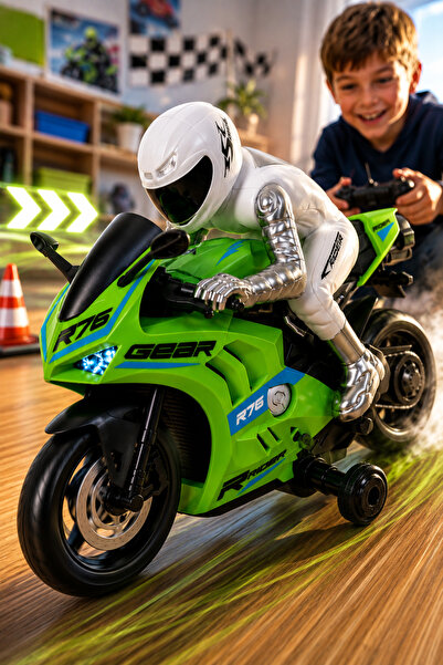 hak-iş oyuncak Uzaktan Kumandalı Şarjlı Drift Atan Motor Yeşil | 1/8 Ölçek | Işıklı 360° Dönebilen Oyuncak Motosikl