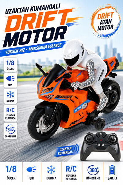 hak-iş oyuncak Uzaktan Kumandalı Şarjlı Drift Atan Motor Turuncu | 1/8 Ölçek ...