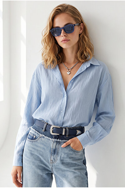 Olalook Women's Baby Blue Textured Comfortable Fit Shirt Gml-19001432