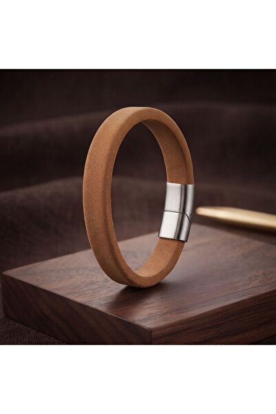 HOBİSY GIFT SHOP Luxury Genuine Leather Men's Bracelet |   Steel Lock Tan Color