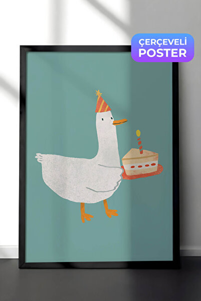 Zestia Pictură murală cu desene animate în cadru negru, Gâscă cu tort de ziua...