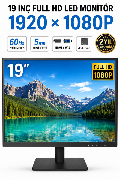 Kasliva 19 İnç Full HD LED Monitör 1920x1080P 60Hz 5ms HDMI VGA VESA 75x75 CC...
