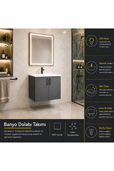 trakya banyo Banyo dolabı seti 60'lık alt dolap düz kapak seramik lavabo led ...