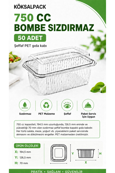 Köksal Pack 50 Pieces 750 Cc Leak-Proof Transparent Pet Food Container Salad ...