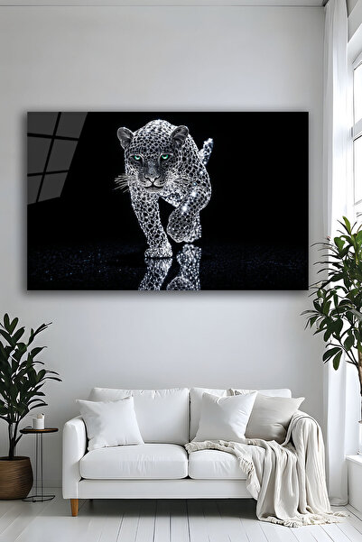 Parıltı Yayınları Pırlanta Efektli Gümüş Leopar Tablo Dekoratif Yatay Cam Tab...