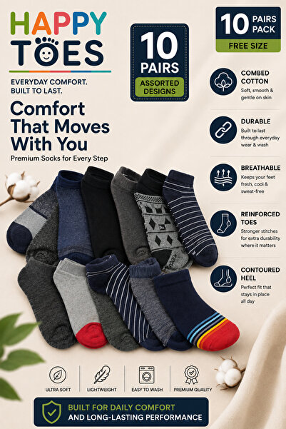 HAPPY TOES 10-Pack Ankle Socks Cotton Blend Soft Breathable Durable Stretchab...