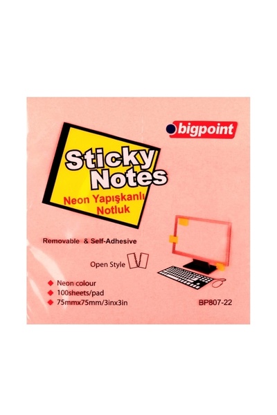 Bigpoint Yapışkanlı Not Kağıdı 75x75mm Neon Pembe