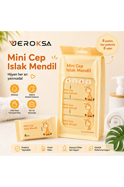 VEROKSA SARI Mini Cep Islak Mendil 8 Paket 64 Adet – Taşınabilir Cep Boy, Alk...