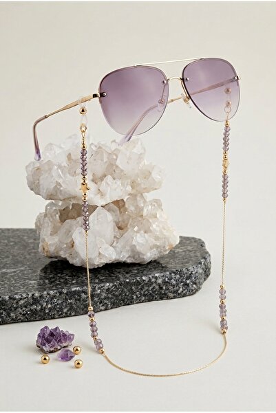 Sylvera Shop Star Detailed Purple Beaded Glasses Chain (Gold Color)