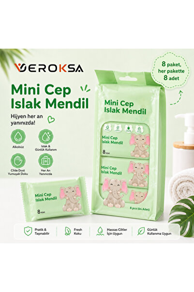 VEROKSA YEŞİL Mini Cep Islak Mendil 8 Paket 64 Adet – Taşınabilir Cep Boy, Al...