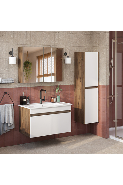 ROOMART '' Lavabolu '' Mat Mdf 80 Cm Banyo Alt Dolabı + Aynalı Üst Dolabı + Banyo Boy Dolabı , Banyo Dolabı Seti