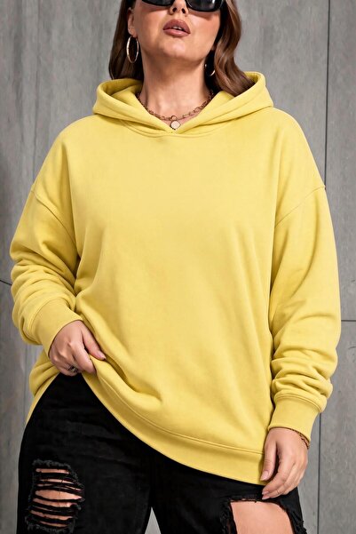 Oksit Bery Women's Large Size Oversized Basic Hooded Two-Thread Cotton Sweats...