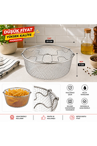 20 cm Paslanmaz Çelik Çift Kulplu Kızartma Sepeti – 9 cm Derinlik