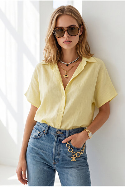 Olalook Women's Yellow Bat Oversize Linen Shirt Gml-19001109