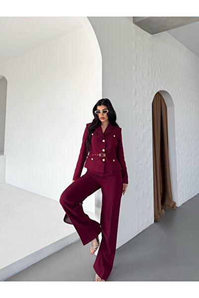 VELLİNE KEMERLİ KADIN CEKET PANTOLON TAKIM