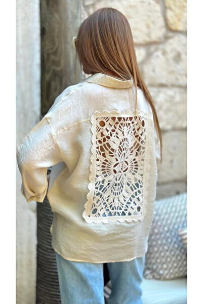 Yame Viscose Shirt with Lace Detail on the Back - Ecru Oversize Shirt