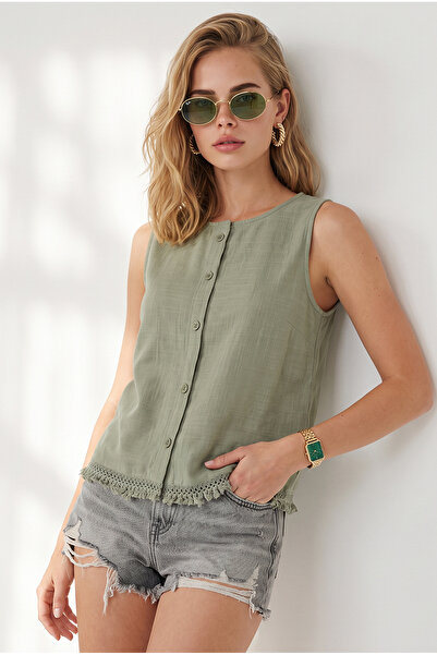 Olalook Women's Khaki Accessory Buttoned Fringed Flam Cotton Blouse Blz-19003398