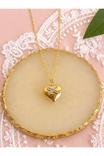 FLAWSOME JEWELRY STORE Heart Shaped Zircon Stone Minimal Necklace Steel Tarni...