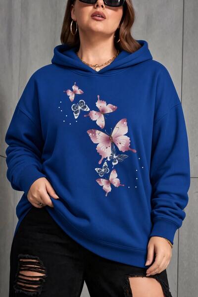 Oksit Sw Butterfly Printed Women's Large Size Oversized Hooded Two-Thread Cot...