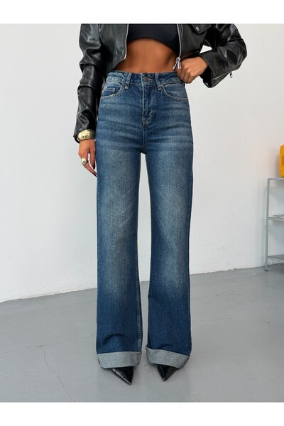 HerTon Kadın Yüksek Bel Duble Paça Straight Wide Leg Düz Kesim Jean Pantolon