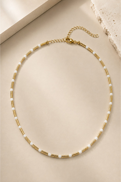 Alexis Carrel Lunera Gold Cylinder Bead Detailed White Beaded Women's Necklace
