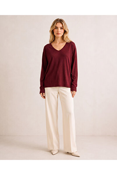 peralist Women's Bordo Colorful Crew Neck Long Sleeve Viscose Soft Fabric Blouse