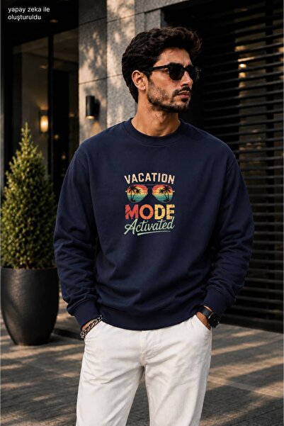 caddekombin Men's Vacation Mode Written Sunglasses Printed Round Crew Neck Co...