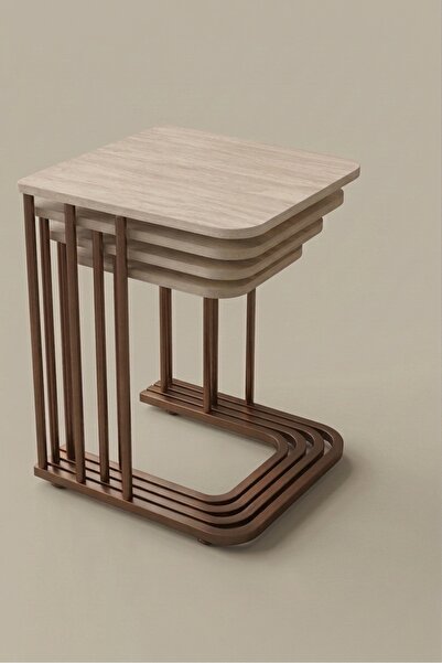 YY STORE 4LÜ TEKERLEKLİ ZİGON SEHPA BONJ19 METAL TRAVERTEN TABLA