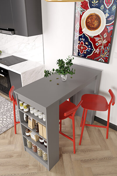 AYMOBSAN Bar Masası Çok Amaçlı Raflı Ada Mutfak Yemek Masası - Sis Gri