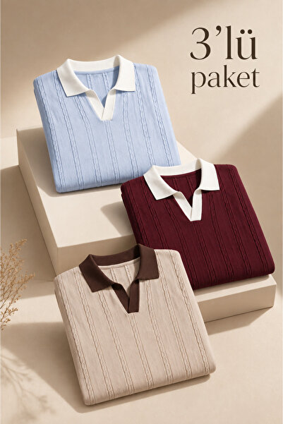 viyamen Men's Knitted Patterned Polo Collar Cotton T-Shirt - Short Sleeve 3-Pack