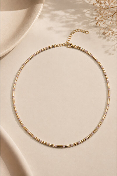 Alexis Carrel Lunera Gold Cylinder Bead Detailed Powder Beaded Women's Necklace