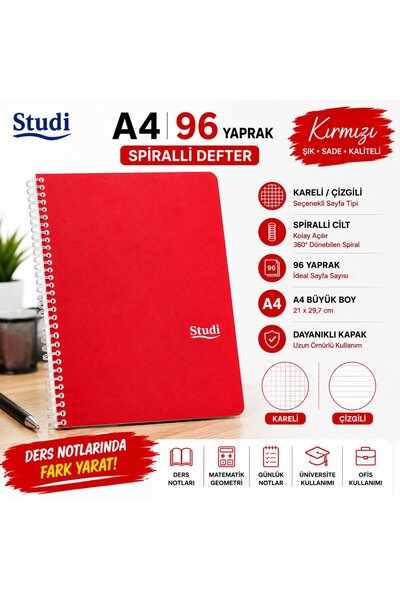 Studi A4 96 Sheets Spiral Notebook Red Checkered Lined Optional School Lesson Notebook
