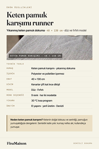 vivamaison Keten Pamuk Runner 40x130 Yıkanmış Masa Runnerı