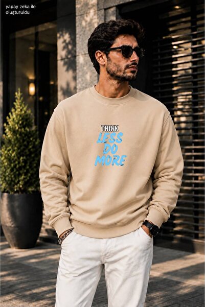 caddekombin Men's Think Less Do More Printed Round Neck Cotton Casual Sweatshirt