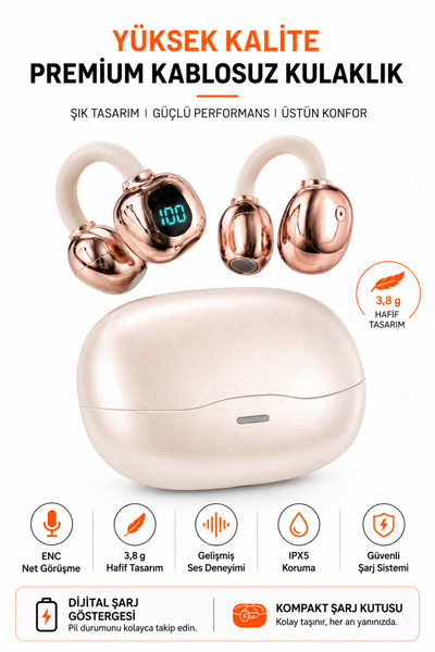 Ayers Premium Küpe Tipi Kablosuz Kadın Bluetooth Kulaklık, Dijital Şarj Göste...