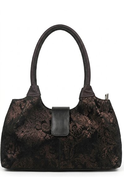 levano leather Şal Desenli Siyah Bronz Işıltılı Kol Çantası