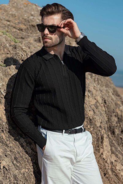 Madmext Black Polo Collar Knitted Patterned Knitwear Men's Sweater E7507