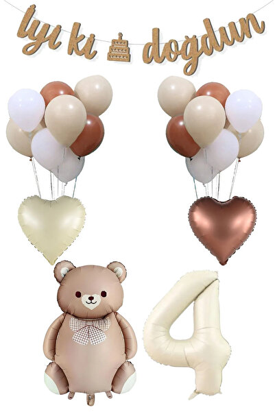 Atölye Mi 4 Year Old Retro Caramel Bow Tie Bear and Retro Balloons Birthday B...
