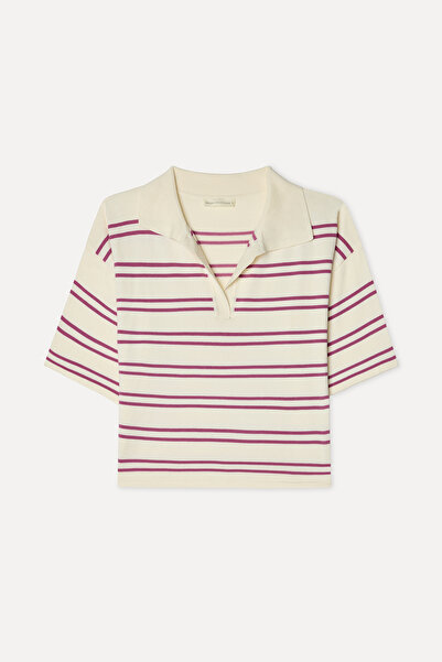 Mudo Women's Ecru Striped Polo Collar 3/4 Sleeve Knit Sweater