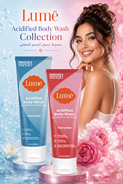Lume Acidic Body Wash Set for Odor Control – Unscented & Peony Rose Scent – 2...