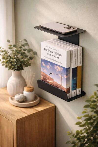 LAZORİAE Black Metal Bedside Shelf, Bedside Bookshelf, Phone Holder Wall Orga...